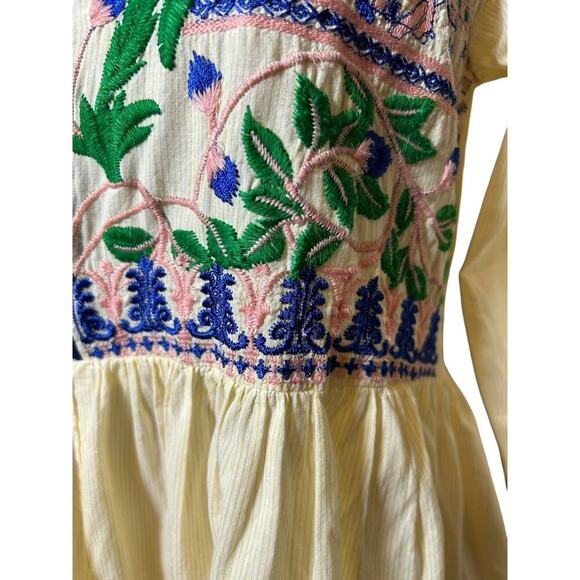 Ethnic by Outfitters Embroidered Floral Dress Yellow Pinstripe XS Boho Peasant - Picture 7 of 8